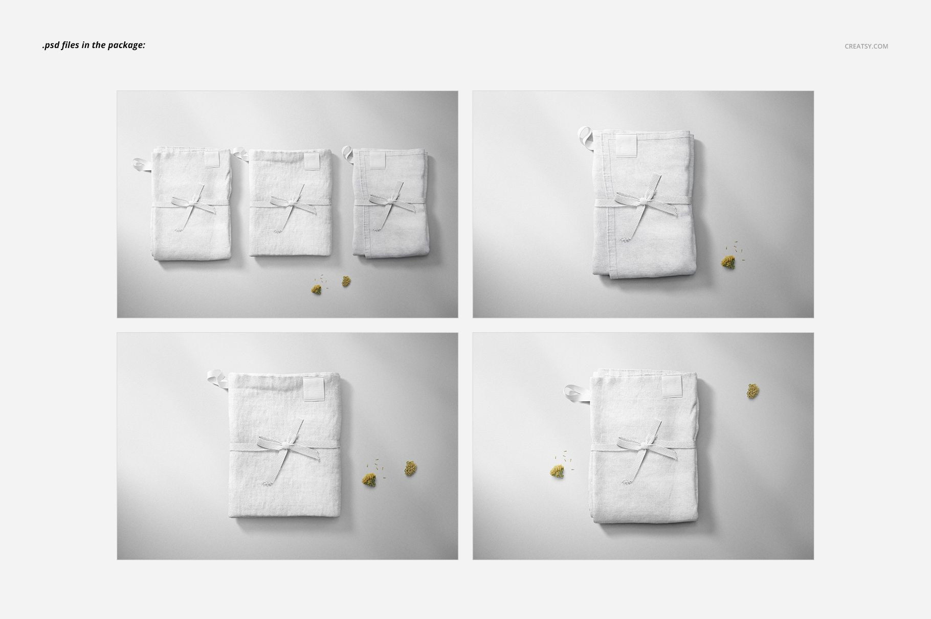 Set of white kitchen towels arranged in four mockup scenes, viewed from above on a light background with small props.