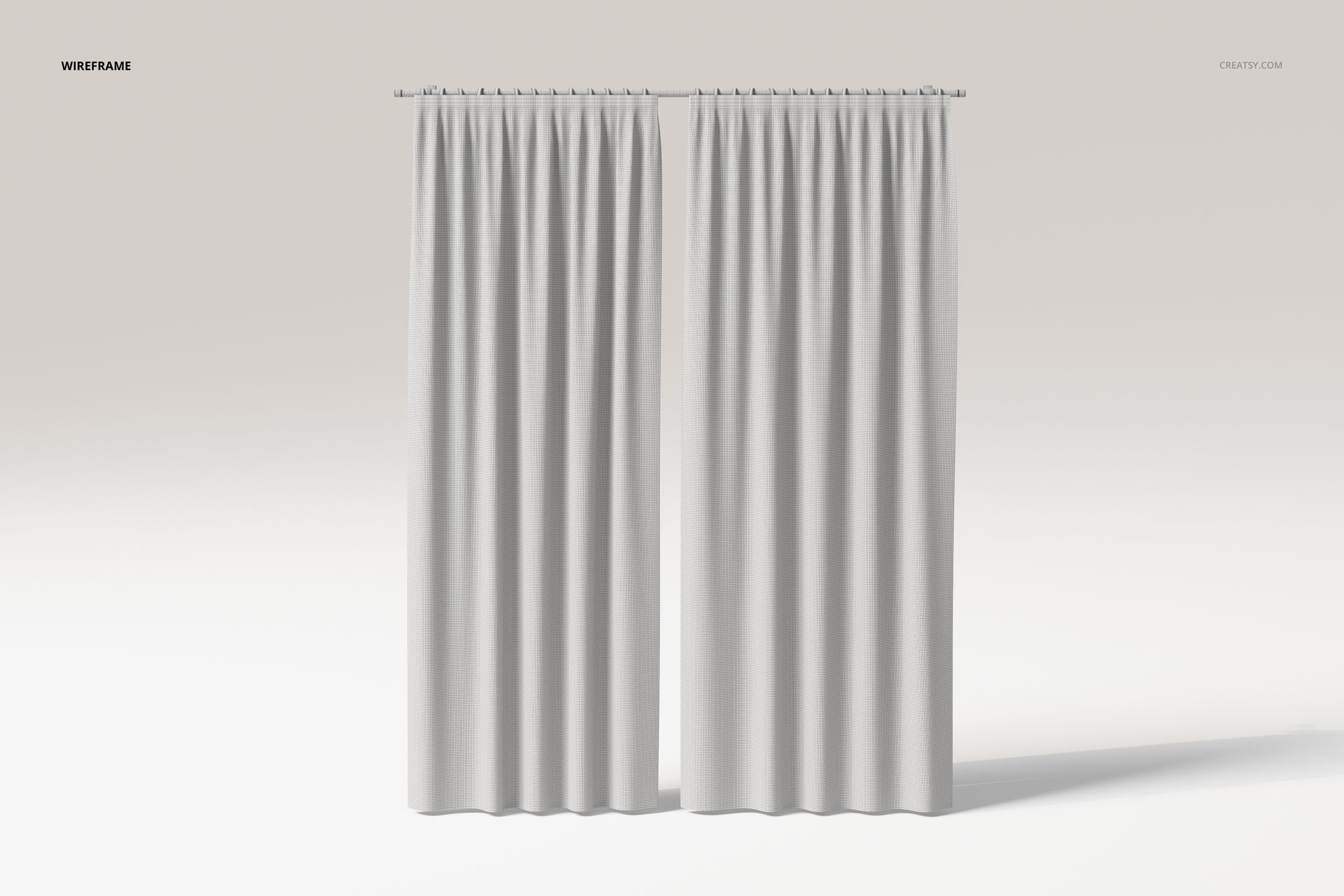 Front view of open double panel curtains in light gray fabric, displayed against a plain neutral background.