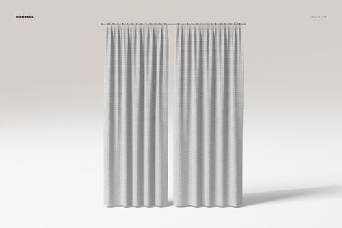 Front view of open double panel curtains in light gray fabric, displayed against a plain neutral background.