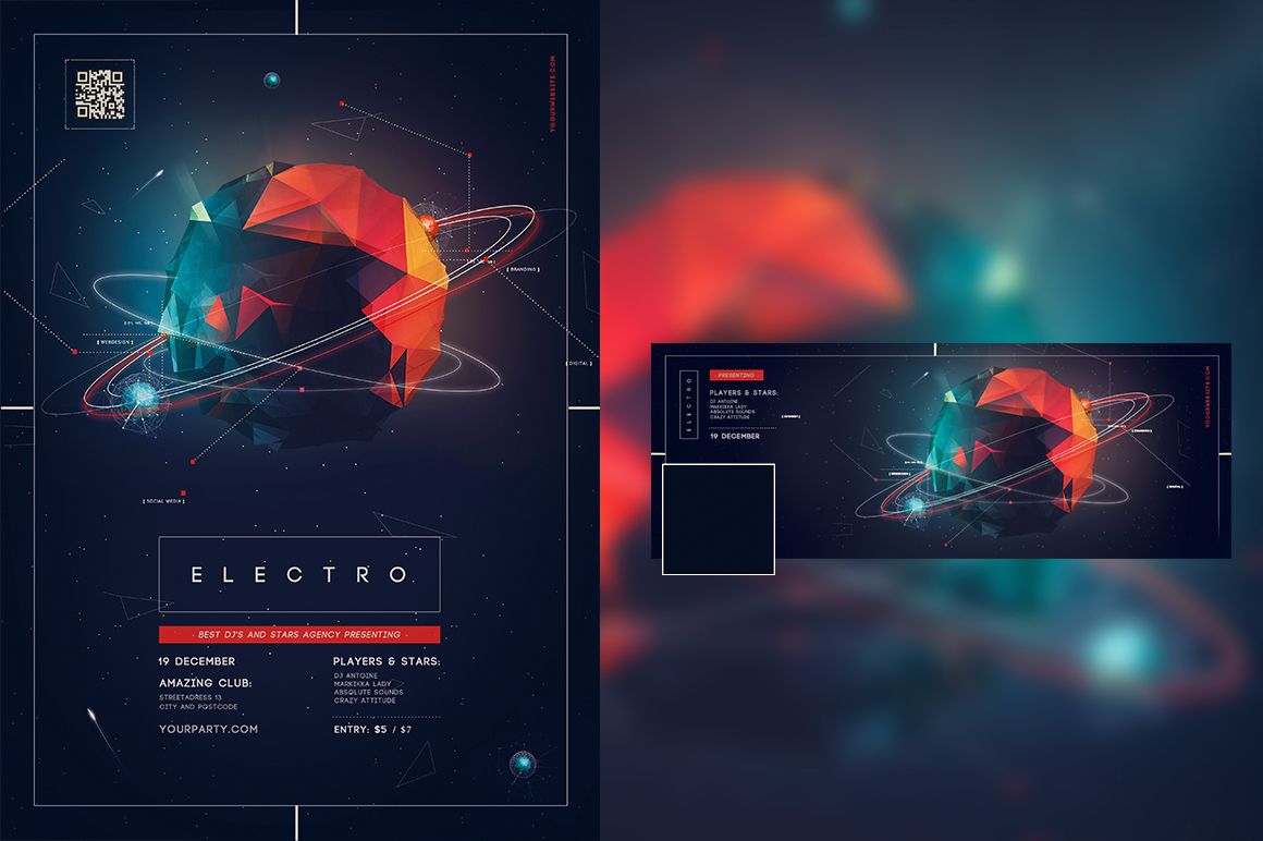 Front view of a poster mockup featuring a polygonal planet with rings, set against a dark cosmic background with stars.