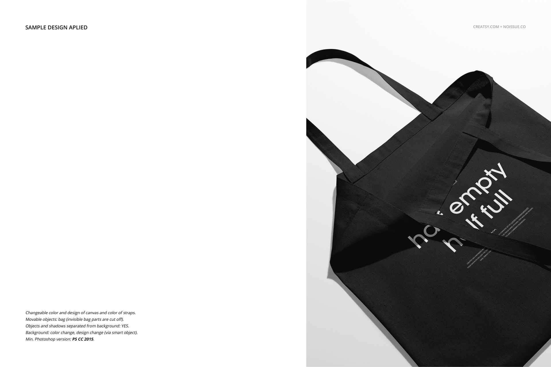 Noissue tote bag mockup showing a black fabric bag with printed white lettering, angled on a clean background.