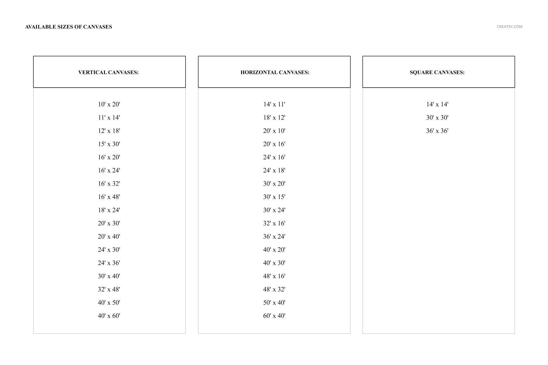 Chart displaying available canvas sizes in three categories: vertical, horizontal, and square, on a white background.