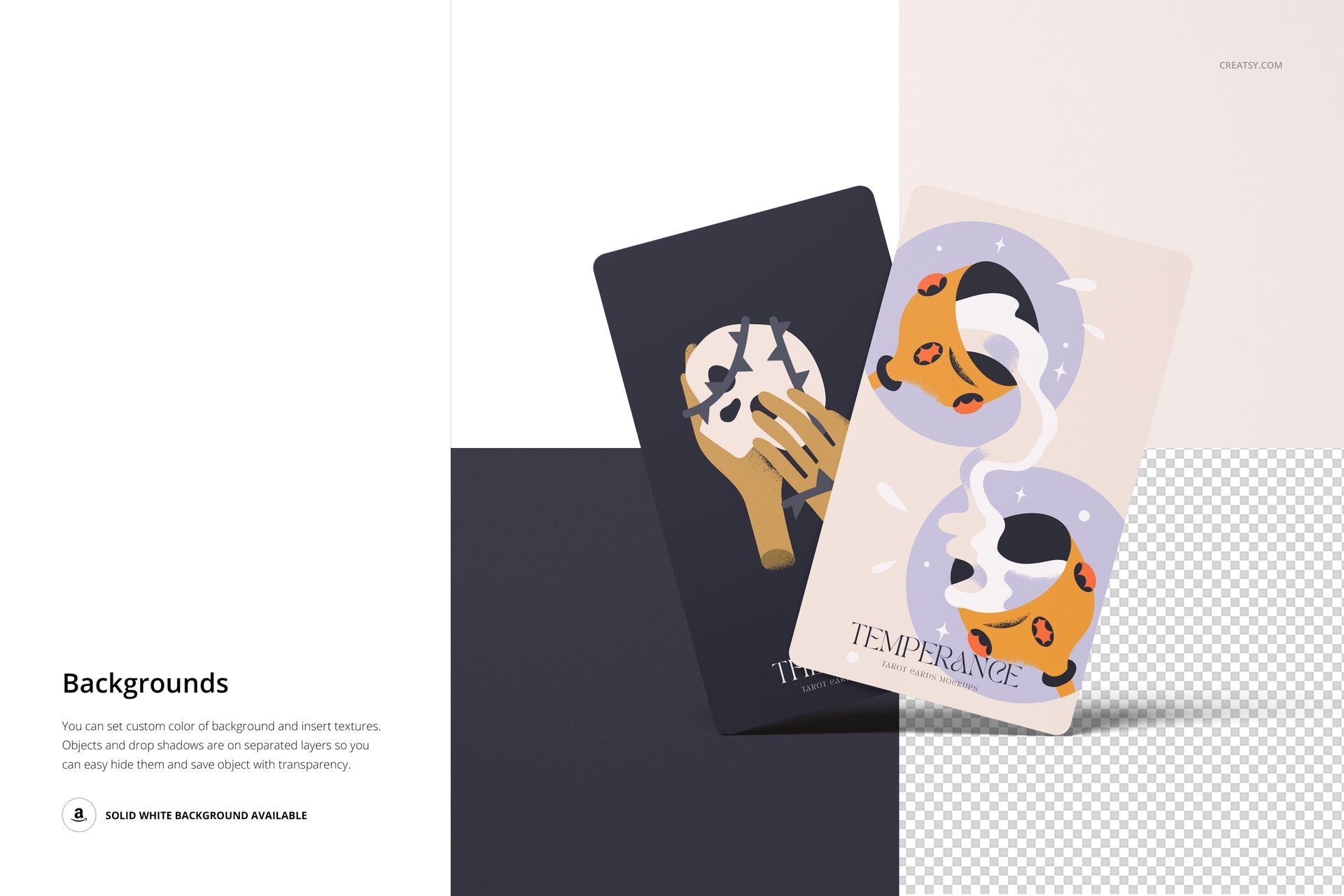 Tarot card PSD mockup showing two cards with colorful illustrations, arranged on a geometric background.