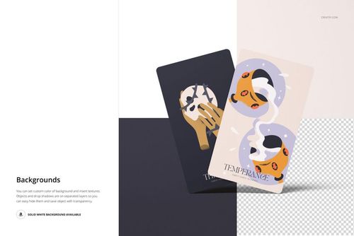 Tarot card PSD mockup showing two cards with colorful illustrations, arranged on a geometric background.