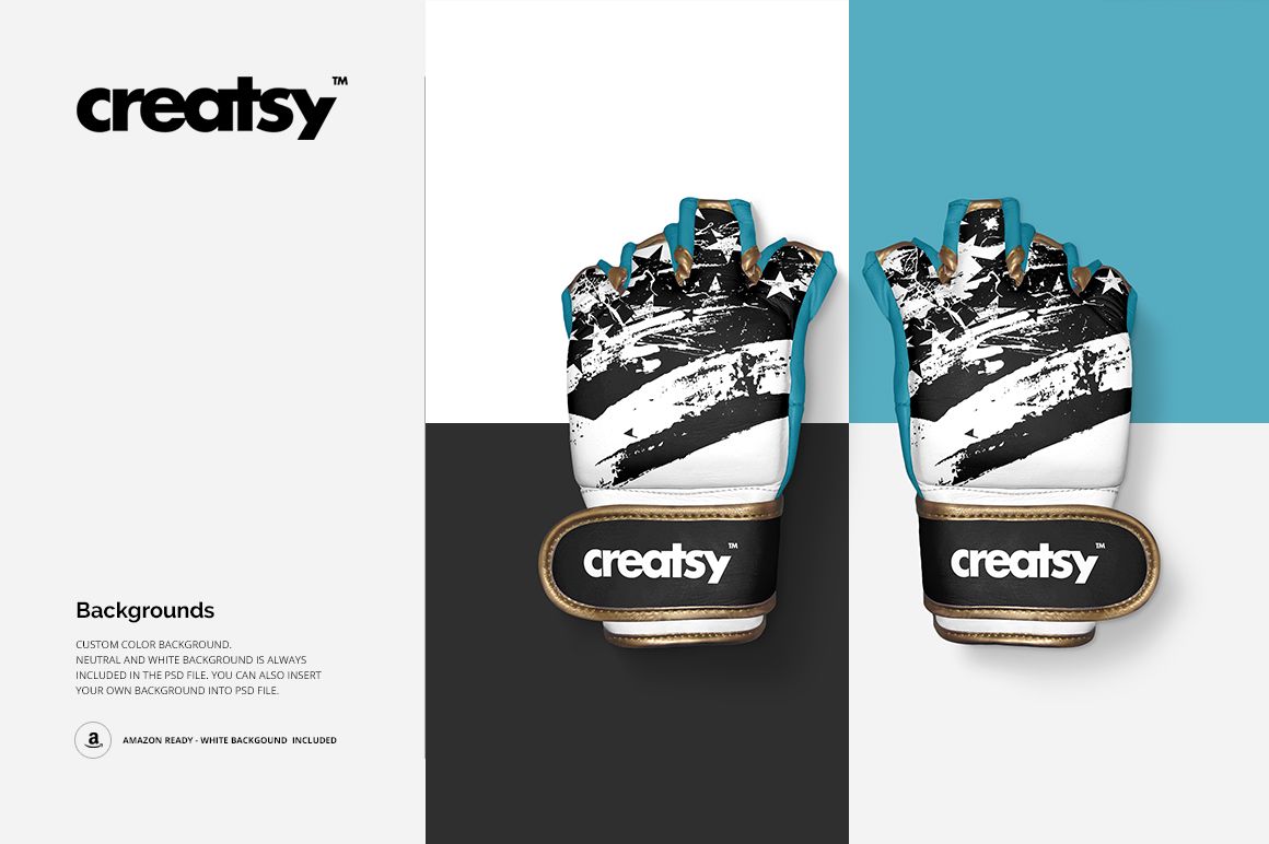 Pair of MMA gloves with abstract black and white pattern, displayed on a split background in a front view mockup.