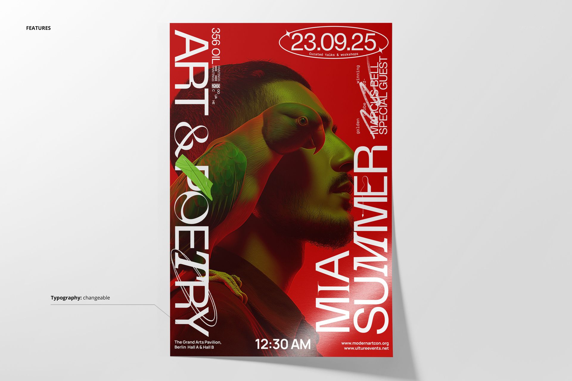Front view of a poster mockup with bold red background, white typography, and a green parrot illustration.