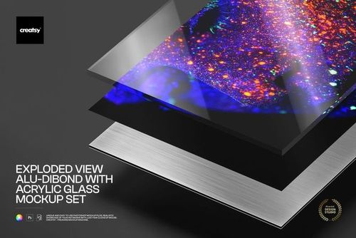 Exploded view of a wall art mockup showing layered construction with acrylic glass and alu-dibond panel, front perspective.