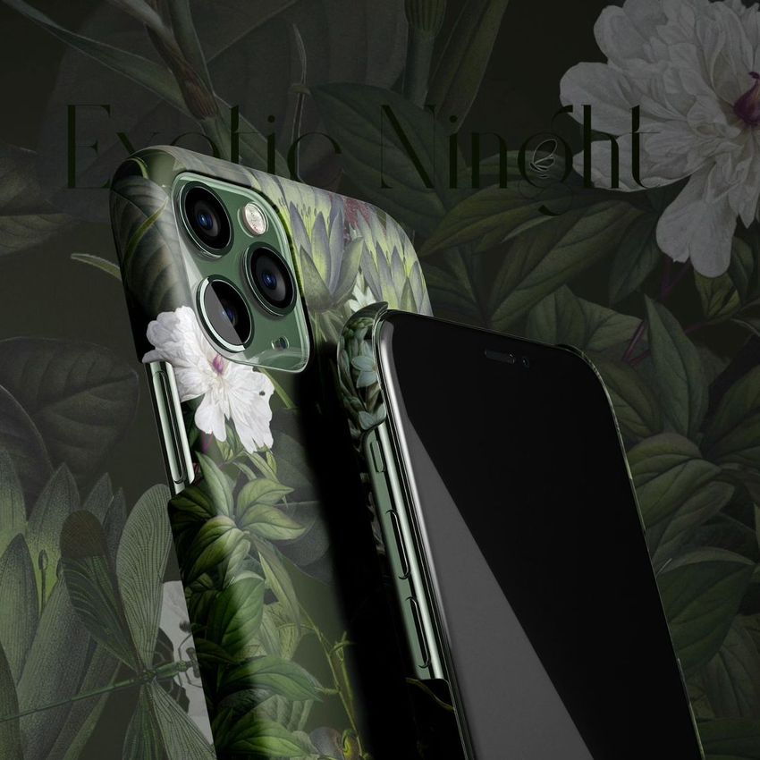 iPhone 11 Pro matte snap case mockup featuring a floral and leaf pattern in green tones, shown with a dark background.