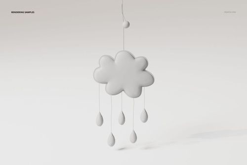 Front view of a white cloud-shaped baby mobile with raindrop pendants hanging on strings against a plain background.