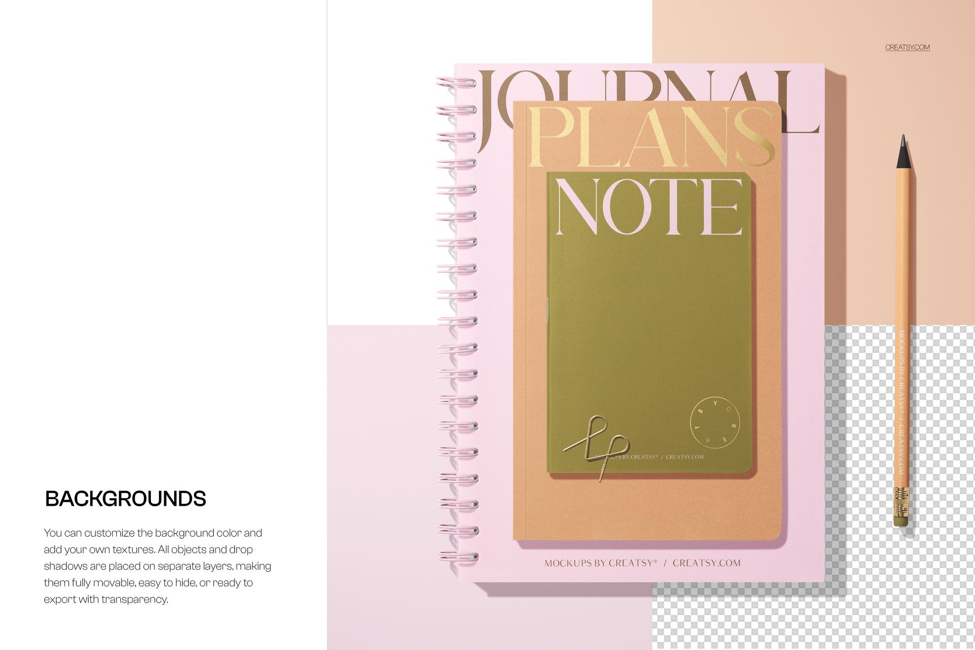 Spiral notebook and softcover notebook mockup with pastel pink and beige covers, top view on a color-block background.