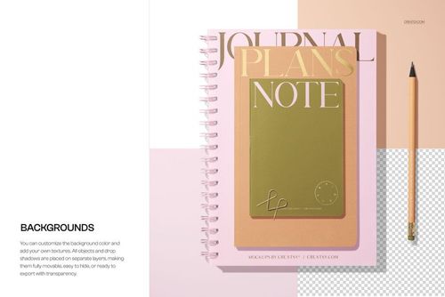 Spiral notebook and softcover notebook mockup with pastel pink and beige covers, top view on a color-block background.