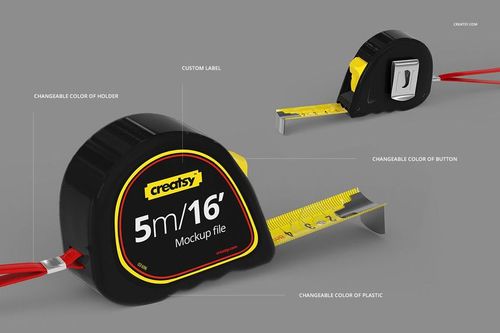 Black and yellow tape measure mockup with extended yellow measuring tape, shown on a neutral gray surface.