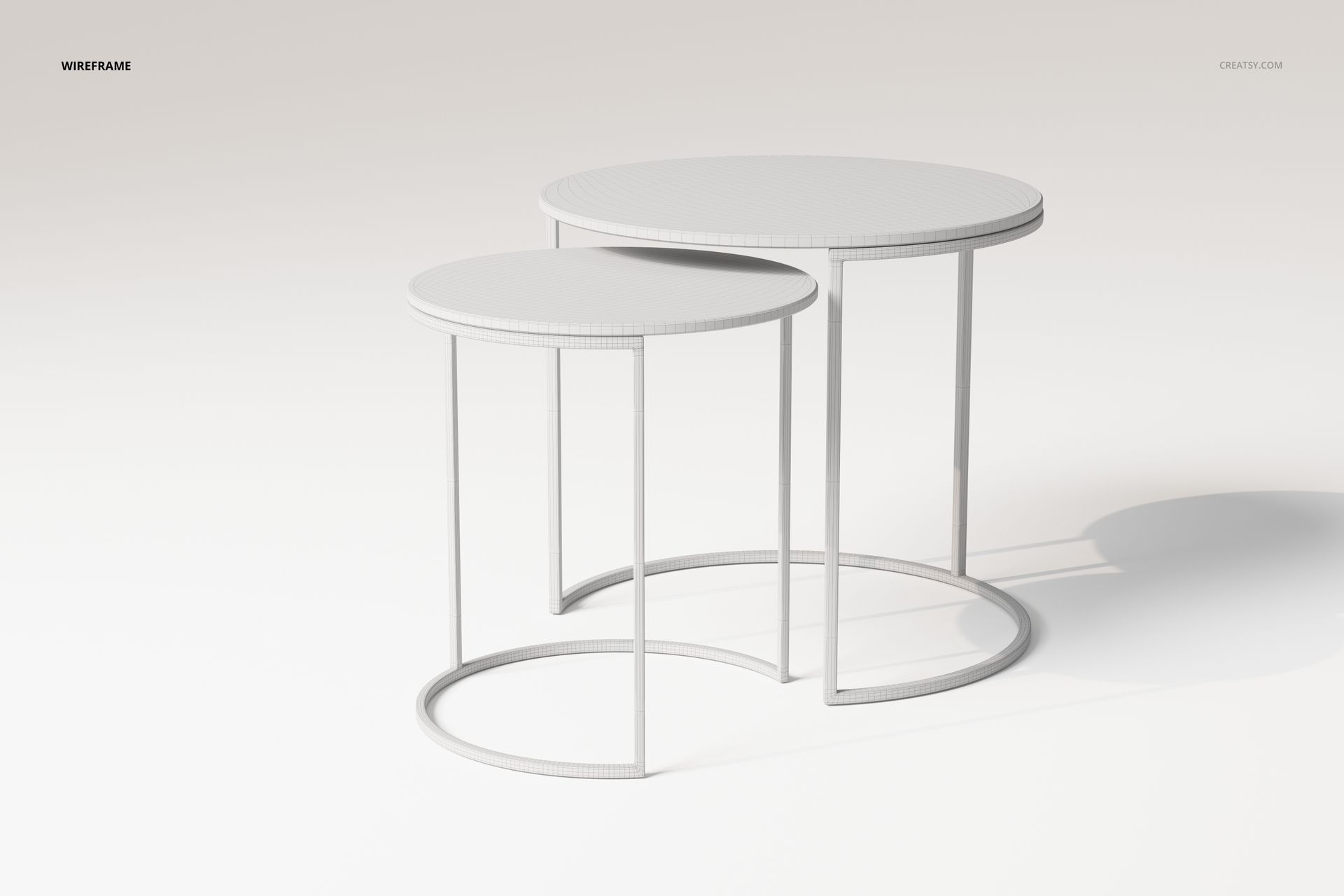 Two round nesting coffee tables with thin metal frames and white tabletops, shown on a light background in a wireframe style.