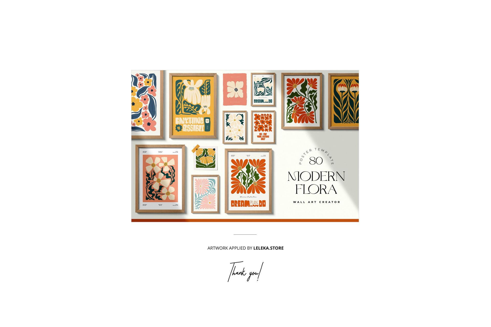 Set of modern botanical wall art mockups in various frames, showing vibrant plant and flower illustrations.