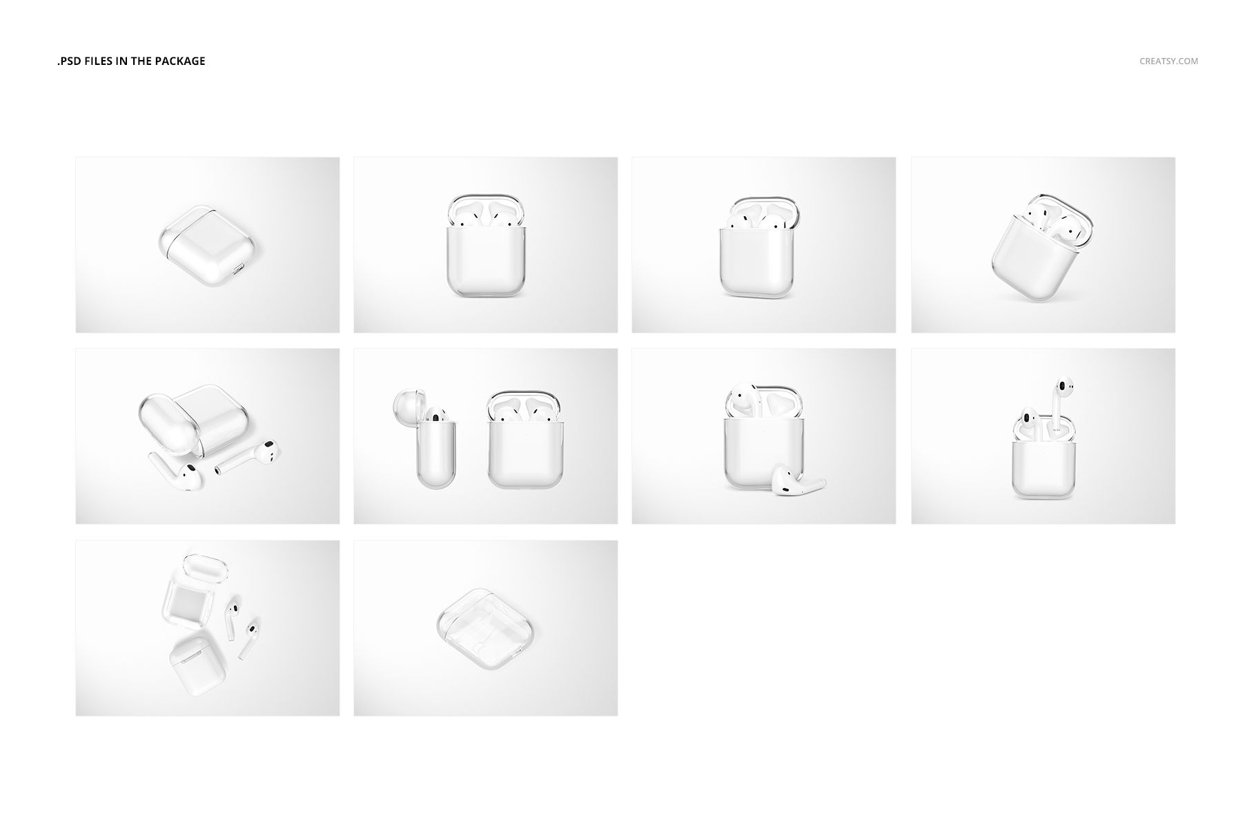 AirPods clear case PSD mockup set featuring multiple perspectives, with single and double cases on a plain backdrop.