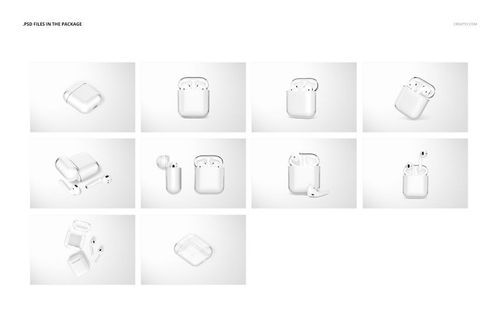 AirPods clear case PSD mockup set featuring multiple perspectives, with single and double cases on a plain backdrop.