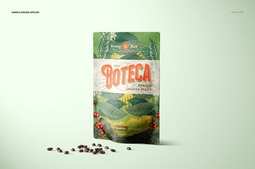Doypack bag pouch mockup standing upright on a light background, featuring botanical graphics and coffee beans.