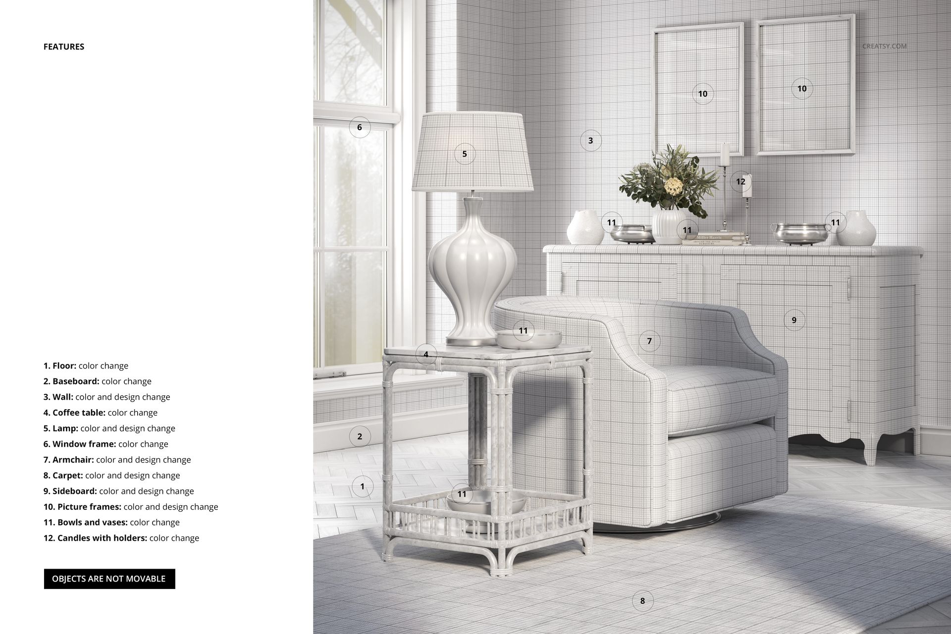 Front view of a coastal living room mockup featuring a grid-patterned armchair, side table, lamp, and wallpaper in soft neutral tones.