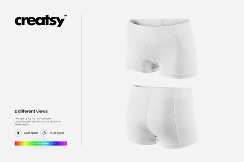 PSD mockup of adult compression shorts in white, featuring front and rear views on a neutral background.