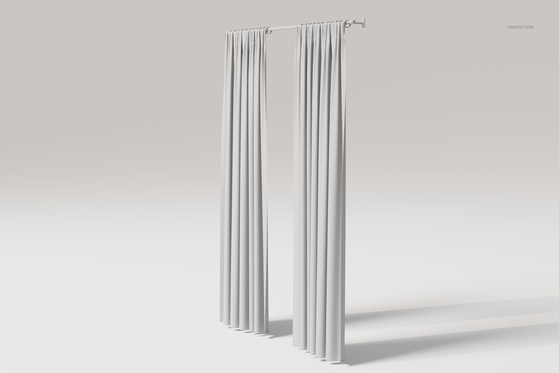 Front view of two semi sheer curtains hanging from a rod, featuring light gray fabric and soft vertical folds.