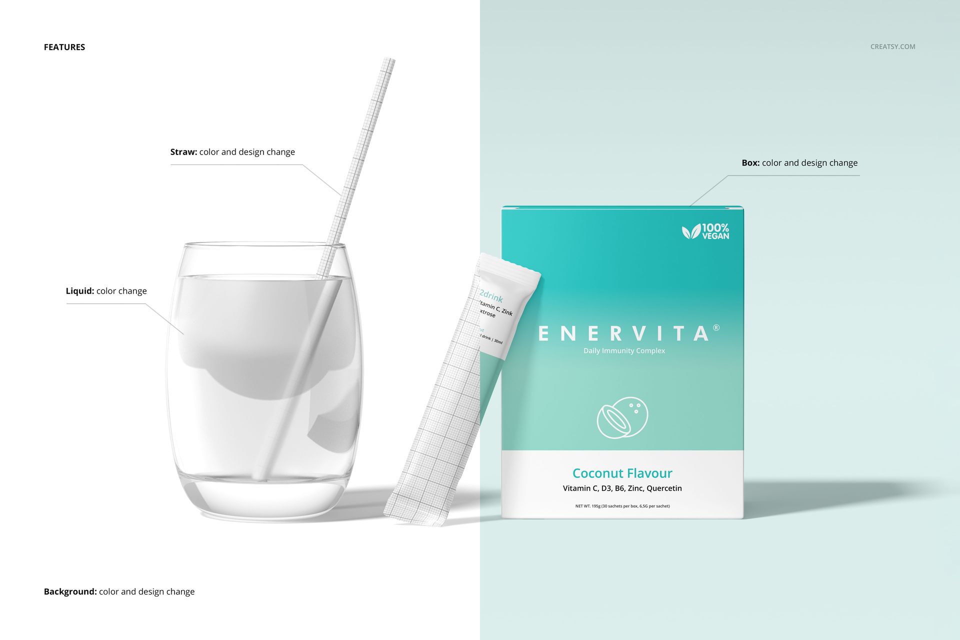 Front view of a box and sachet mockup set with a glass of liquid and straw on a white surface, featuring teal and white colors.