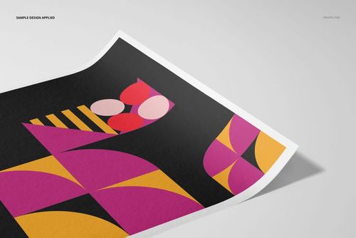 A3 fine art print mockup featuring a geometric abstract design in magenta, yellow, and pink on a black background, angled on a light surface.