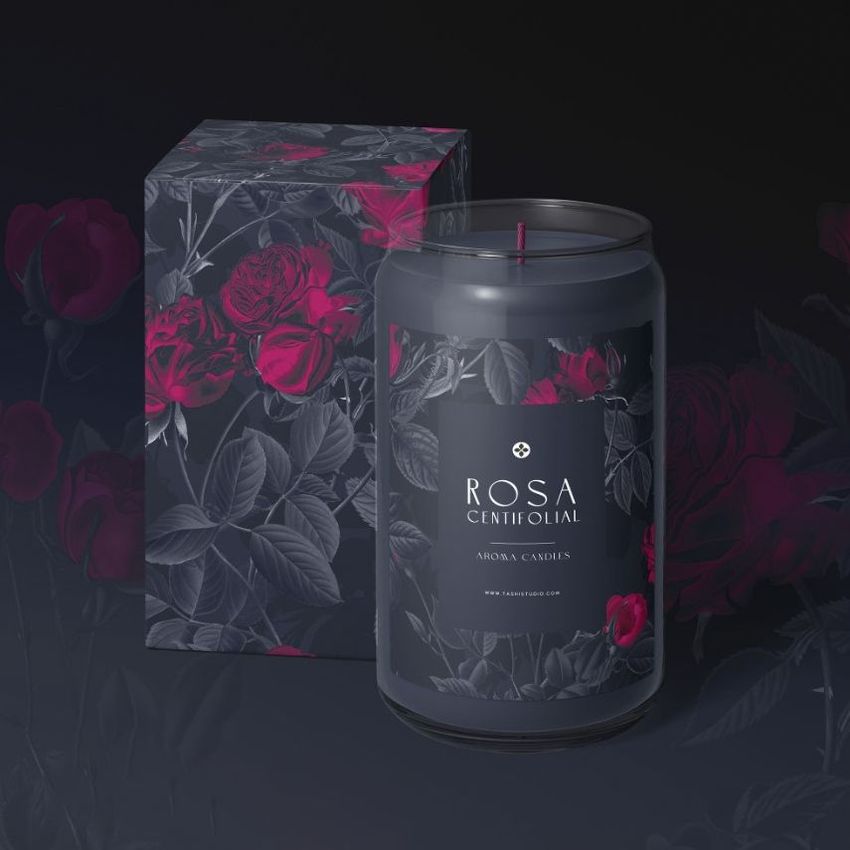 Can glass candle mockup featuring a dark candle jar with floral label and matching box, both decorated with red and gray roses.