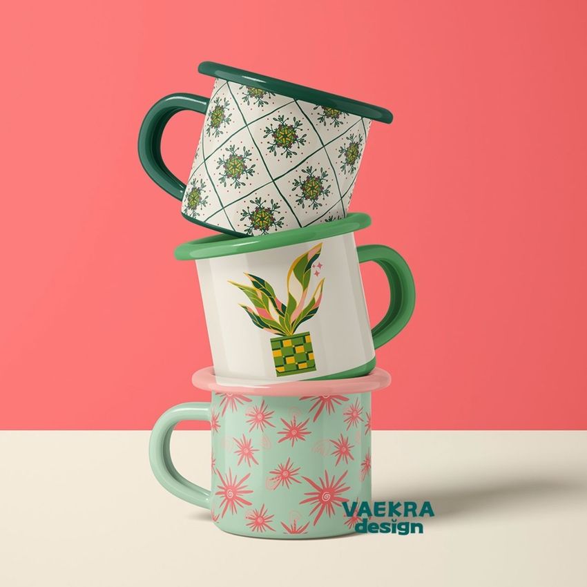 Stack of three enamel mug mockups featuring geometric and floral designs, arranged on a light surface with a pink backdrop.