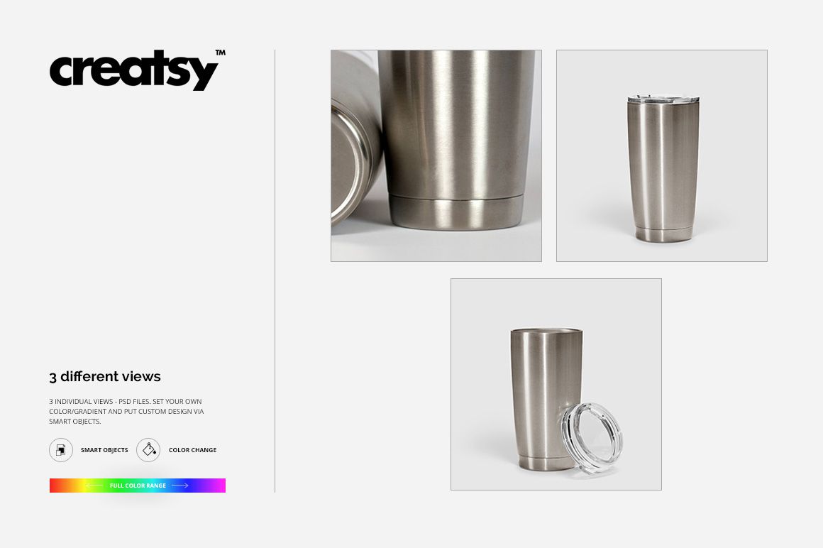 Stainless steel tumbler with clear lid shown in three views, including close-up and front perspectives on a white background.