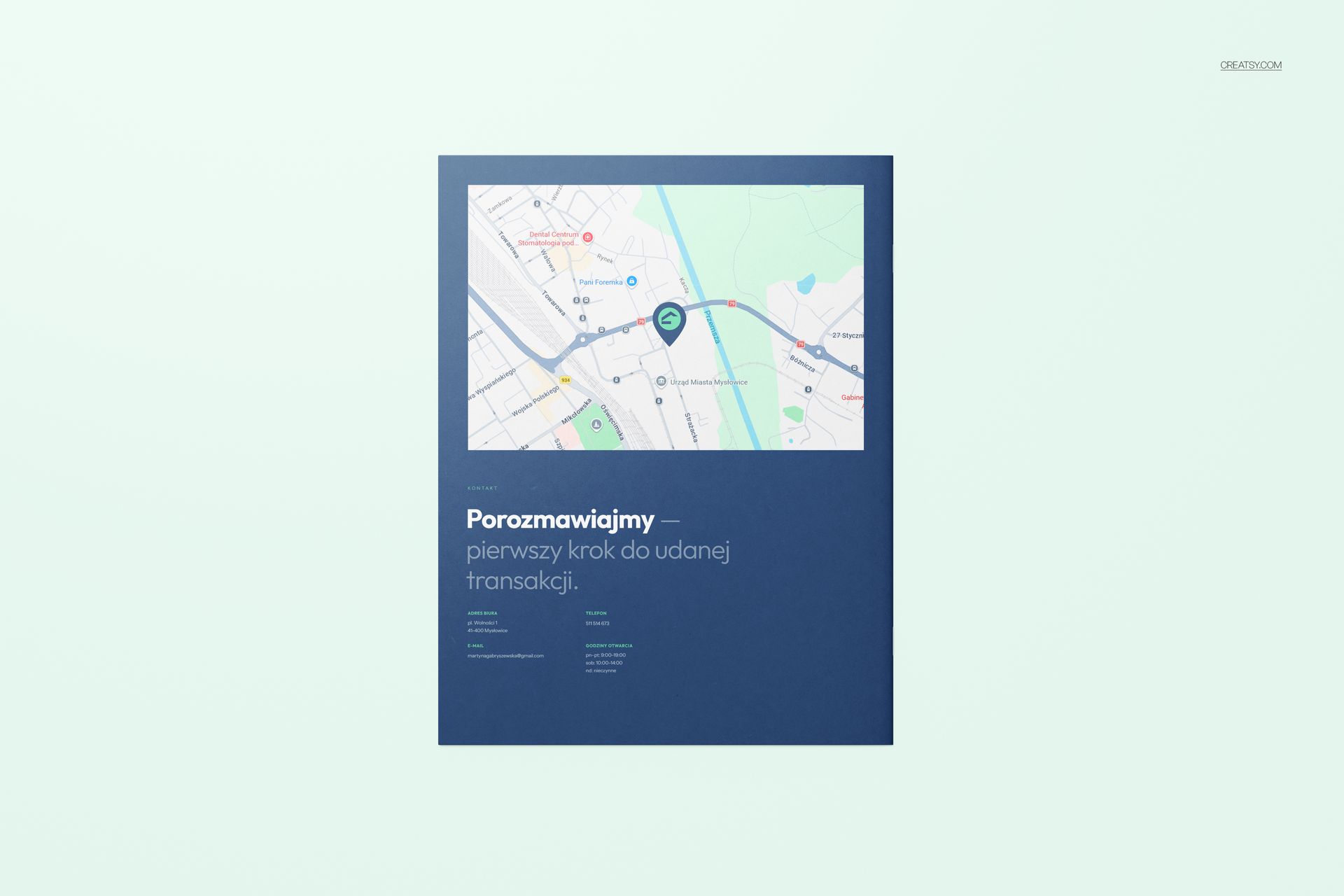 Front view of an 8.5x11 inch company brochure mockup with a blue cover, featuring a map and text layout.