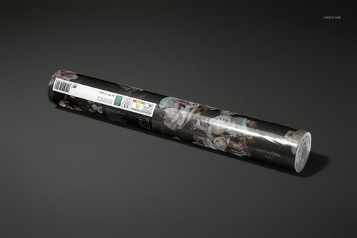 Mockup of a rolled vinyl wallpaper with muted floral design, shown from a diagonal angle against a dark background.