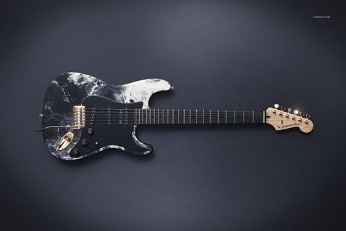 Front view of a sleek electric guitar mockup featuring a marbled finish, black pickguard, and gold details.
