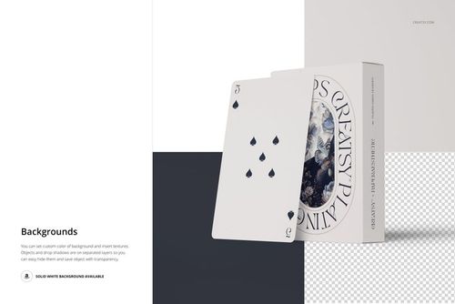 Front view of a playing card mockup with a five of spades card leaning against a decorative card box on a white surface.