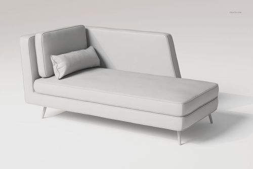Modern chaise lounge sofa in light gray color, angled front view, featuring minimalist cushions and sleek legs.