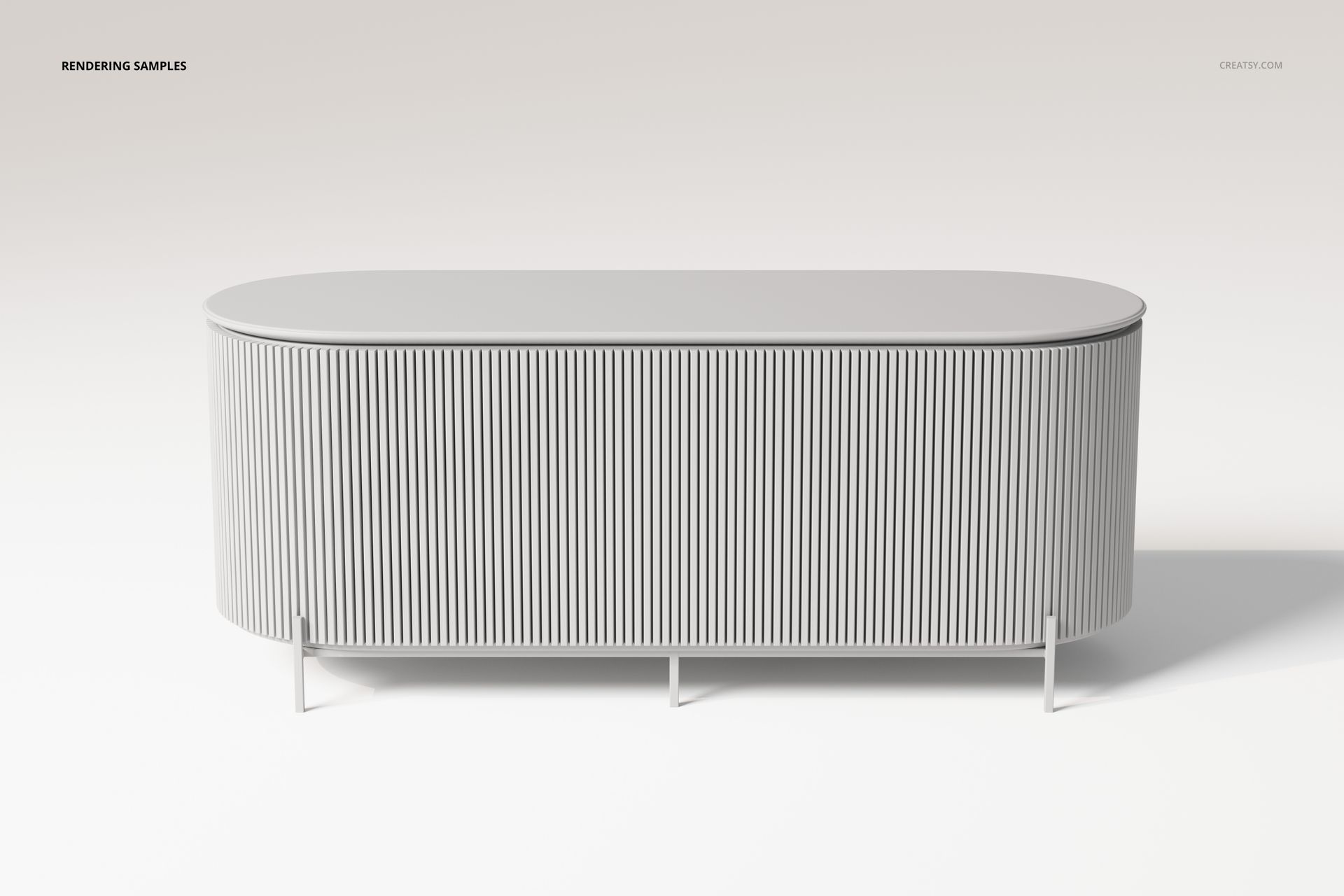 Modern flute bar cabinet with rounded edges, vertical ribbed texture, and elevated metal legs shown from the front.
