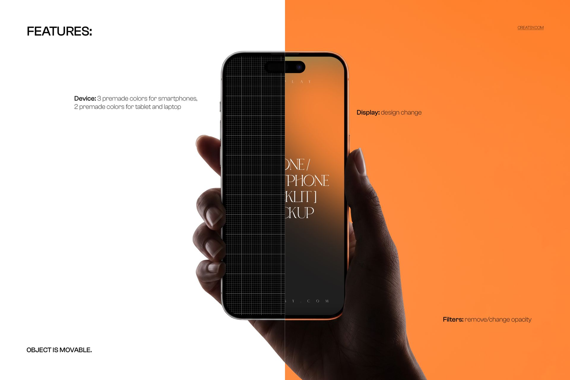 Hand holding an iPhone with backlit screen, split background showing grid pattern and orange color, PSD mockup.
