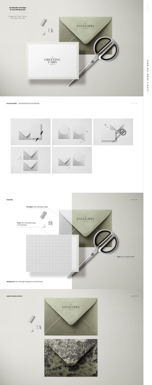Stationery mockup featuring green envelope, white card, scissors, and paper clips on a light surface, top view.