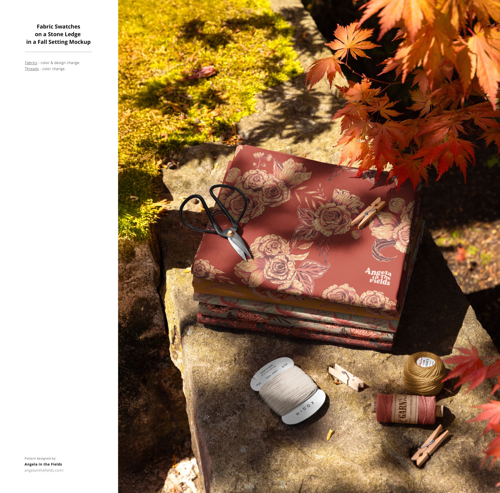 Fabric mockup featuring patterned textile swatches in warm tones, displayed on a stone surface with fall leaves nearby.