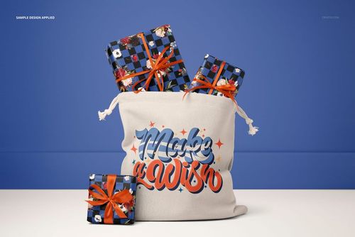 Santa bag mockup featuring colorful gift boxes with blue patterned wrapping and bright orange bows on a blue background.