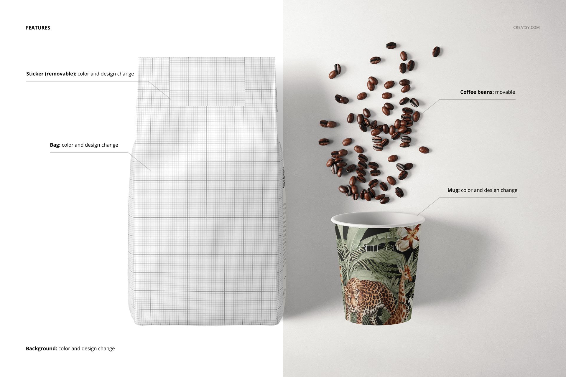 Front view of a paper coffee bag mockup with grid lines next to a decorated paper cup and scattered coffee beans.