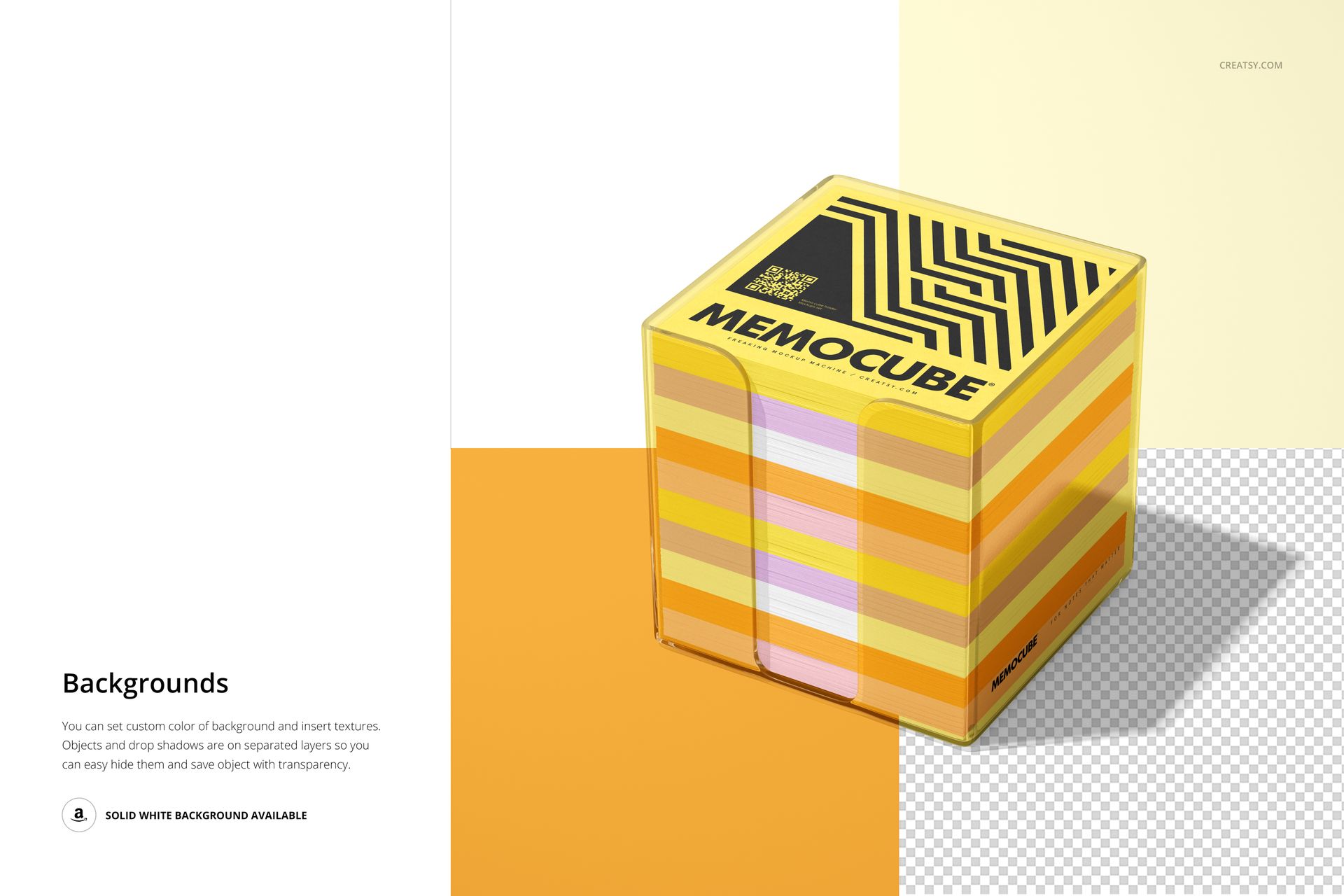 Colorful memo block cube in transparent acrylic holder, featuring layered stripes and a yellow top, PSD mockup.