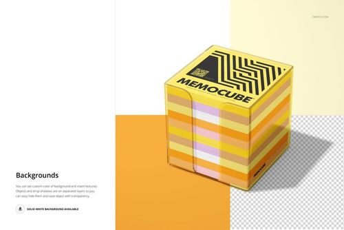 Colorful memo block cube in transparent acrylic holder, featuring layered stripes and a yellow top, PSD mockup.