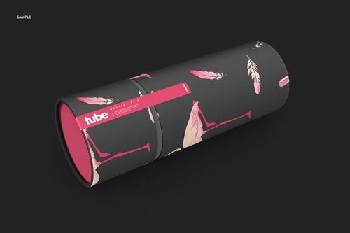 PSD mockup of a cylindrical paper tube featuring pink feather patterns on black, with a visible pink end cap.