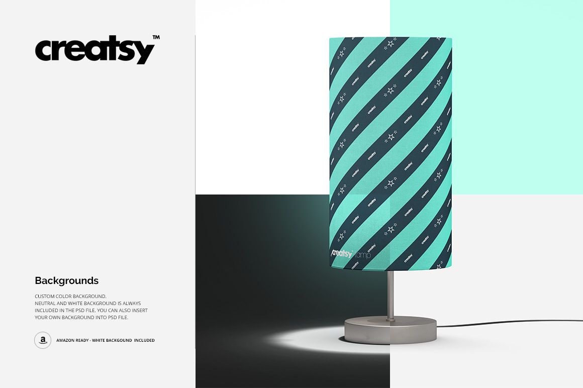 Front view of a cylindrical lampshade mockup featuring teal and black stripes, set on a round metal stand.