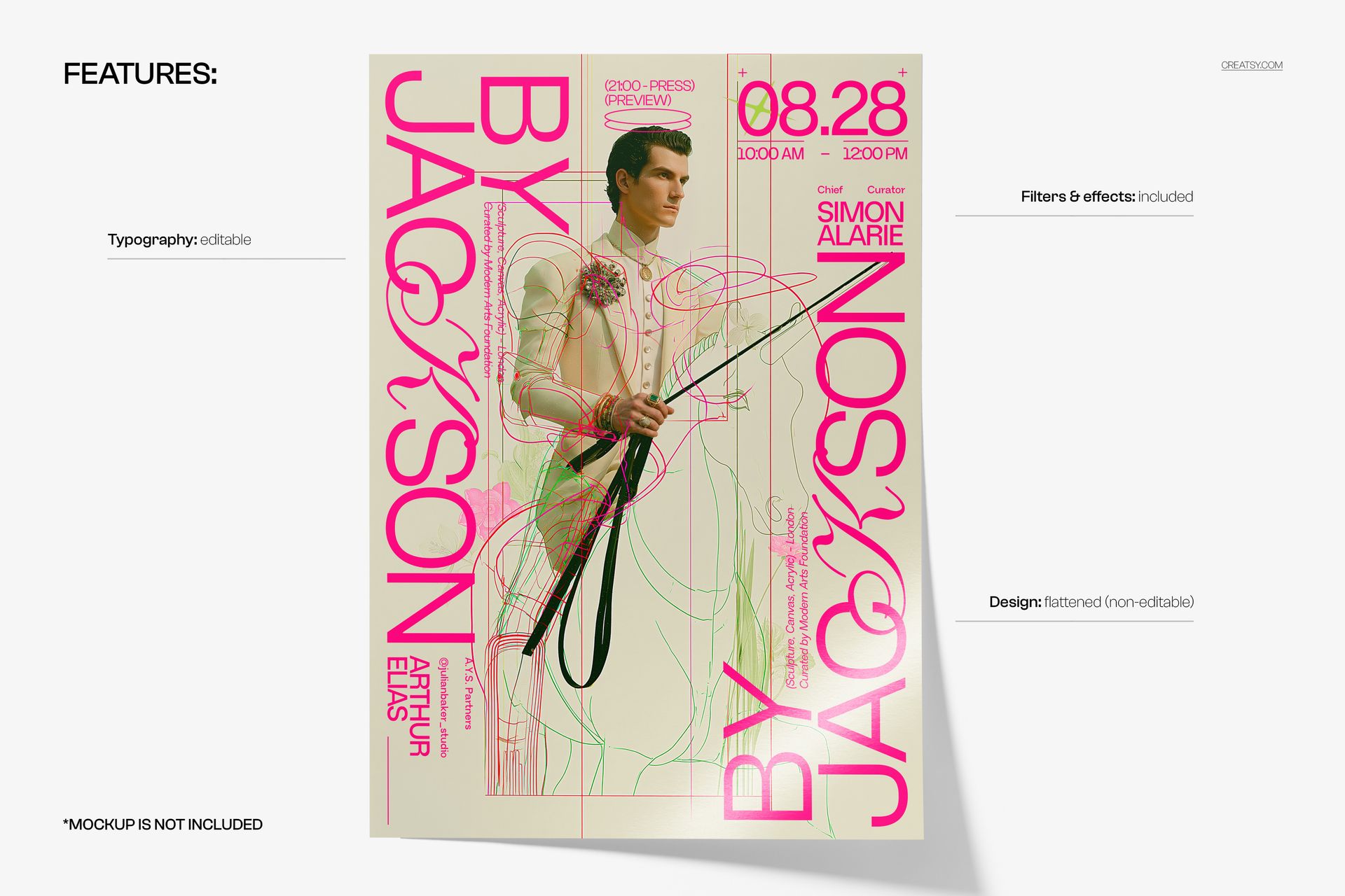 Front view of a poster mockup featuring bold sculptural illusions with pink text and abstract line art on a cream background.