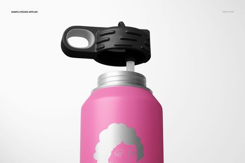 Front view of a powder coated 40 oz. water bottle mockup with a pink body, silver cap, and black lid against a light background.