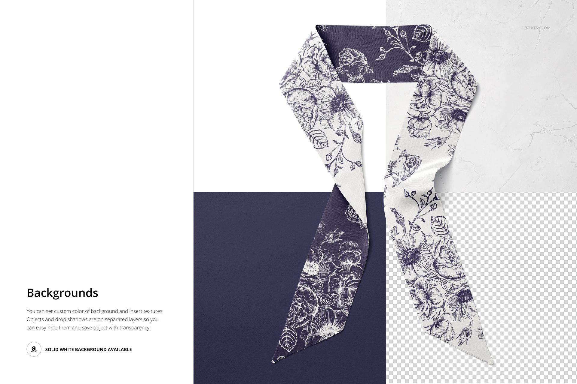Top view of a twilly scarf mockup featuring a floral pattern in dark blue and white, displayed on a split background.