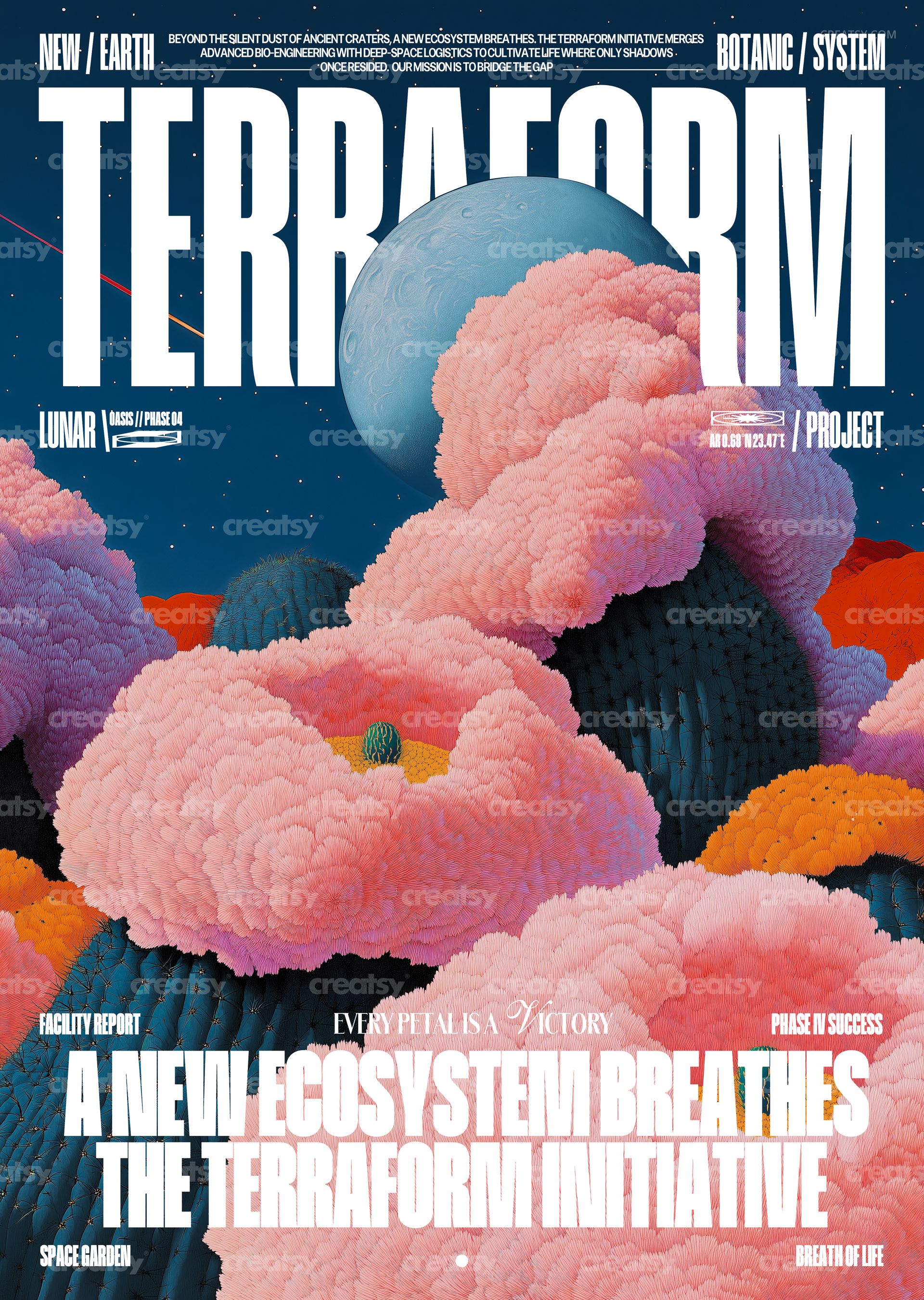 Front view of a colorful poster mockup featuring vibrant pink and orange organic shapes with a blue planet in the sky.