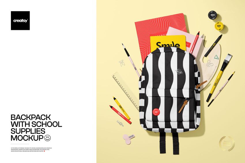 Striped backpack mockup displayed with various stationery items such as notebooks, brushes, and rulers on a light yellow background.
