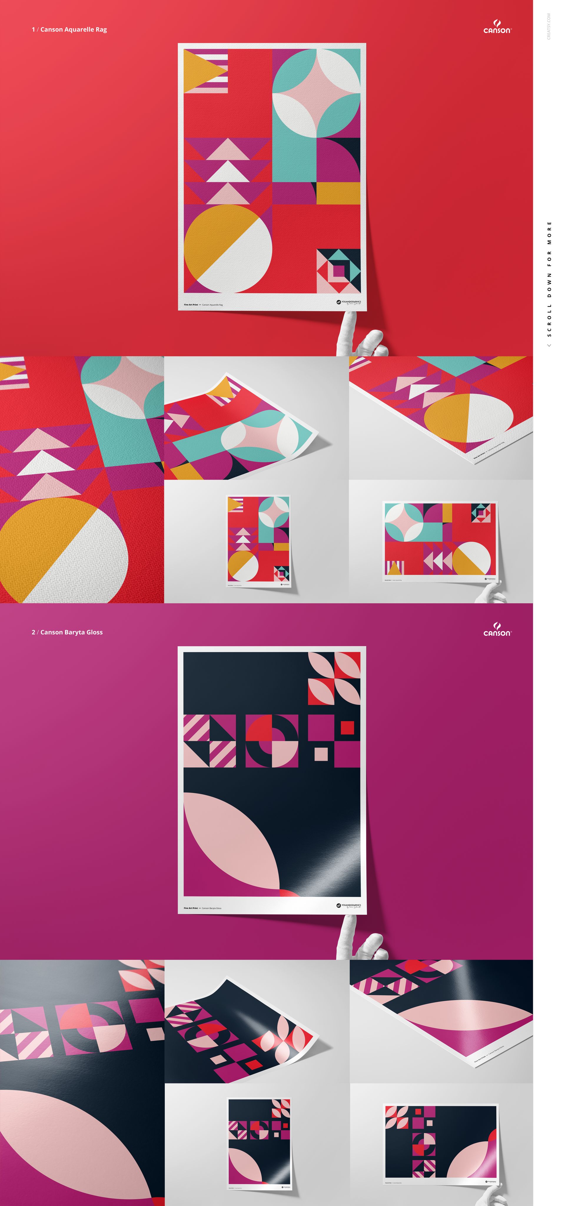 Colorful geometric art prints displayed on various backgrounds, featuring abstract shapes and vibrant hues in a mockup scene.